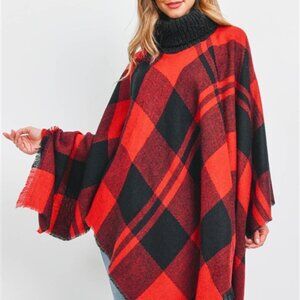 Casual plaid Buffalo Print Turtleneck poncho shawl